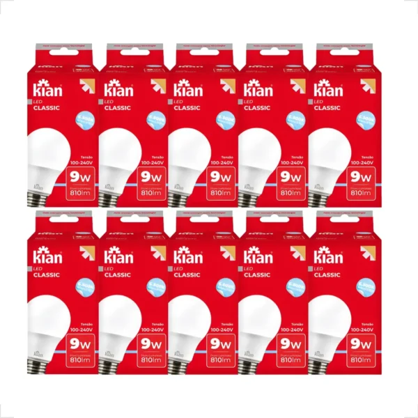 Kit 10 Lâmpadas LED Kian E27 9W Bulbo Branco Frio 6500k
