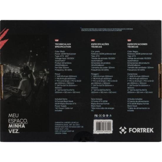 Fonte Gamer ATX Fortrek Black Hawk 650W 80 Plus Bronze PFC Ativo
